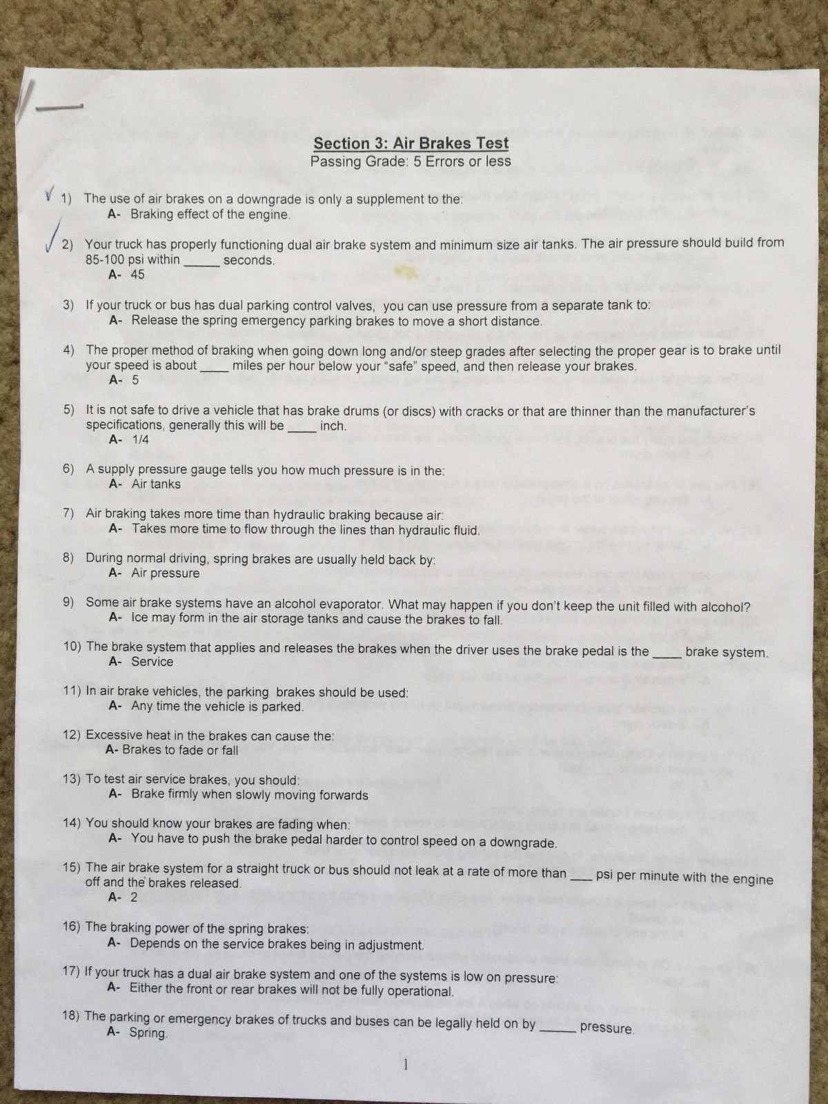 air brakes test questions and answers