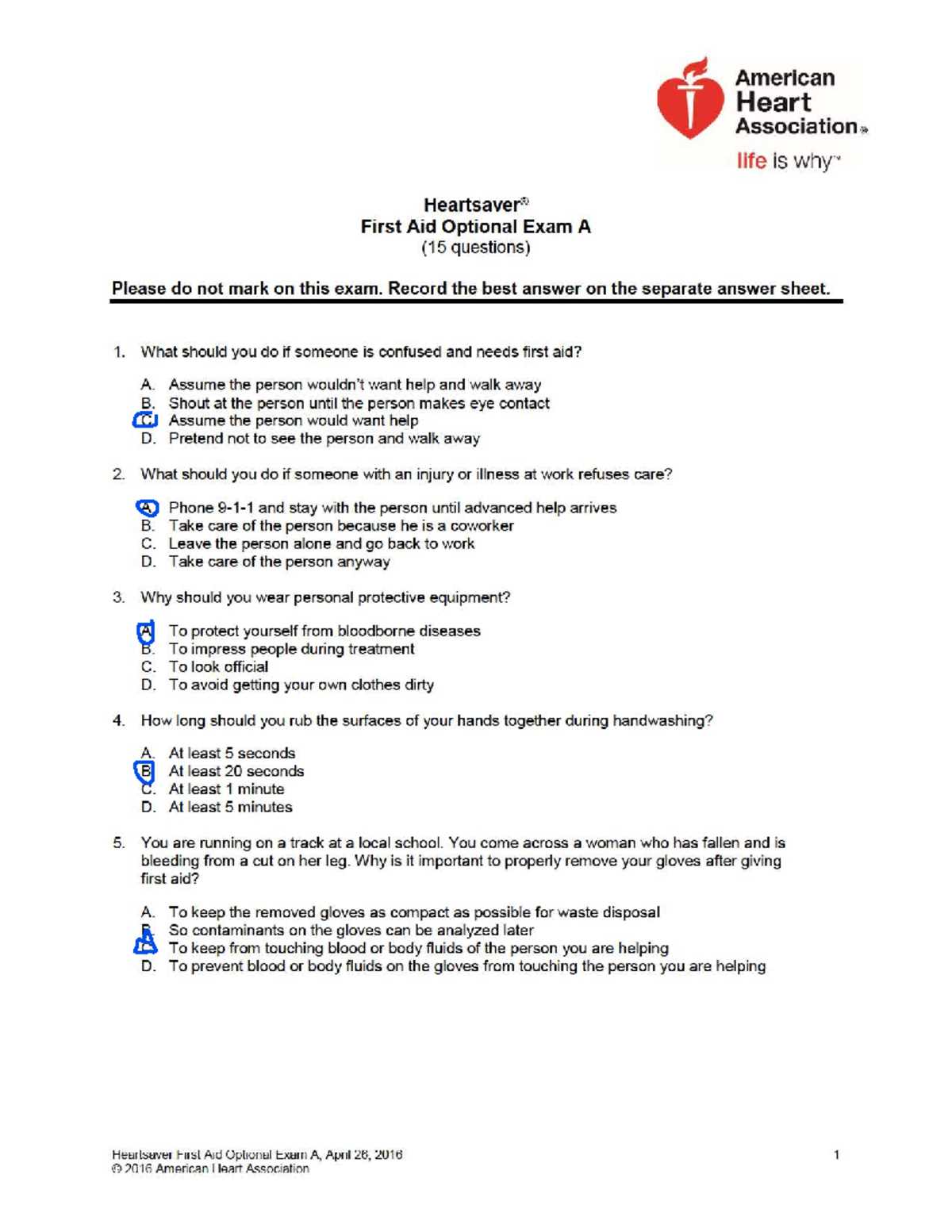 heartsaver first aid optional exam a answers
