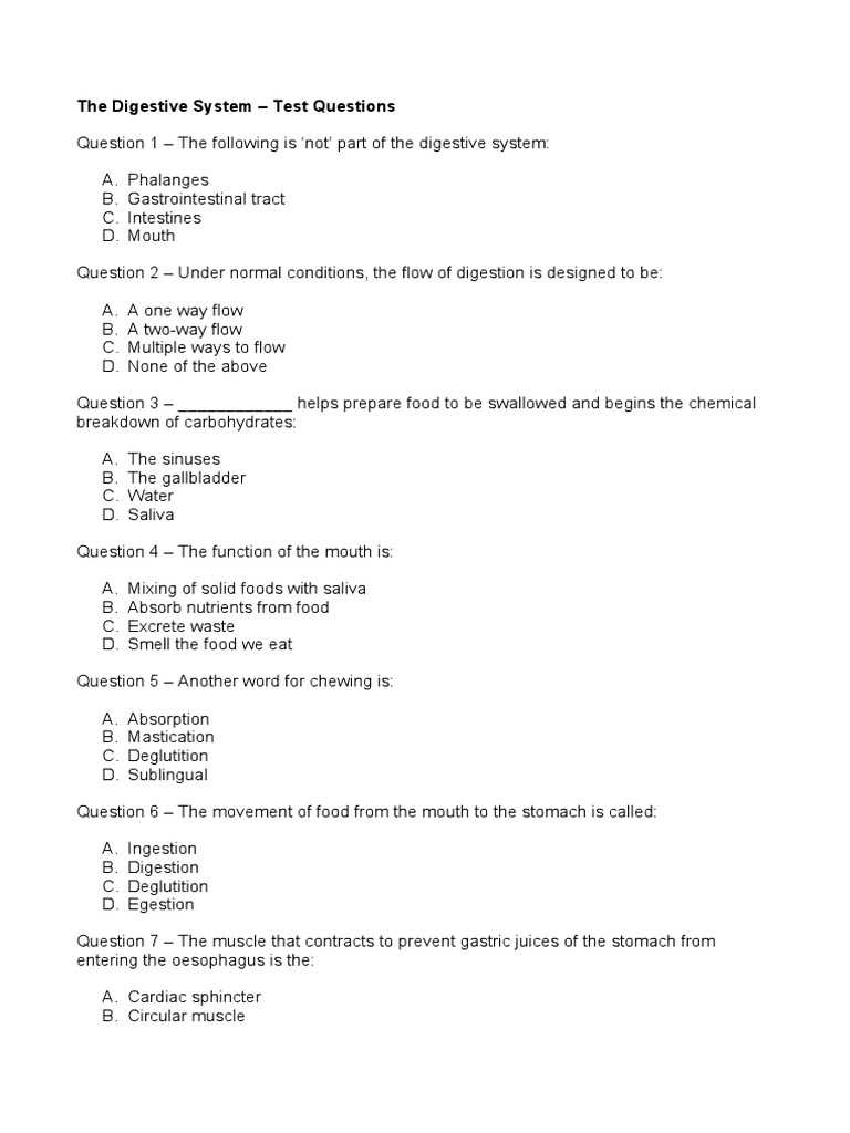 digestive system test answers