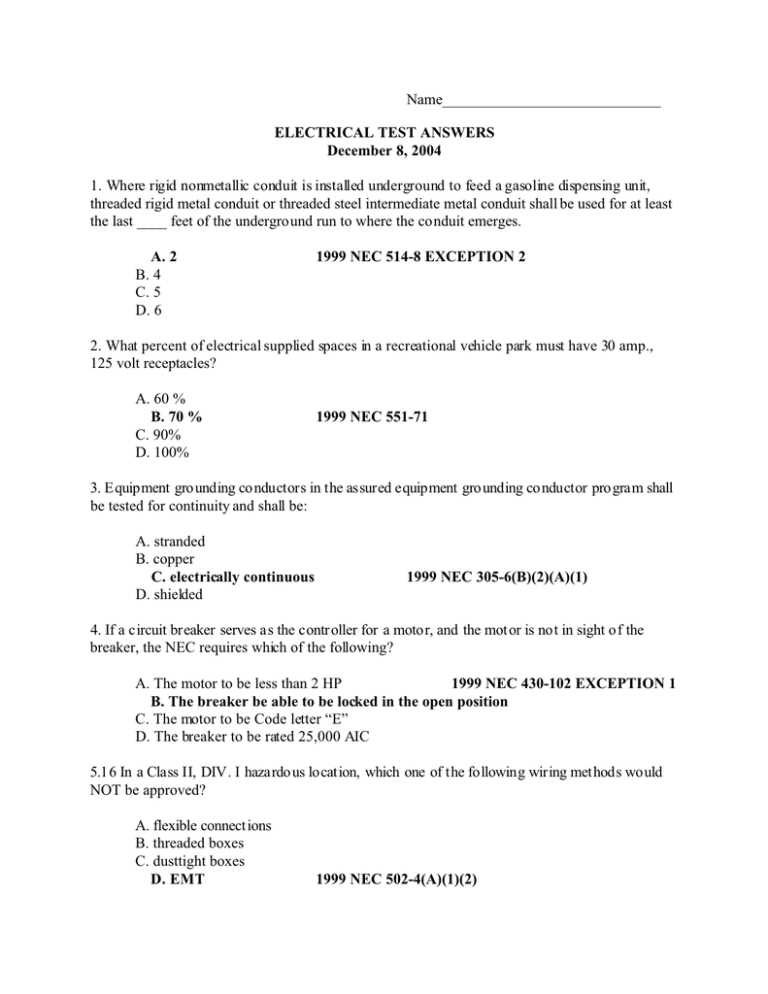 nccer electrical test questions and answers