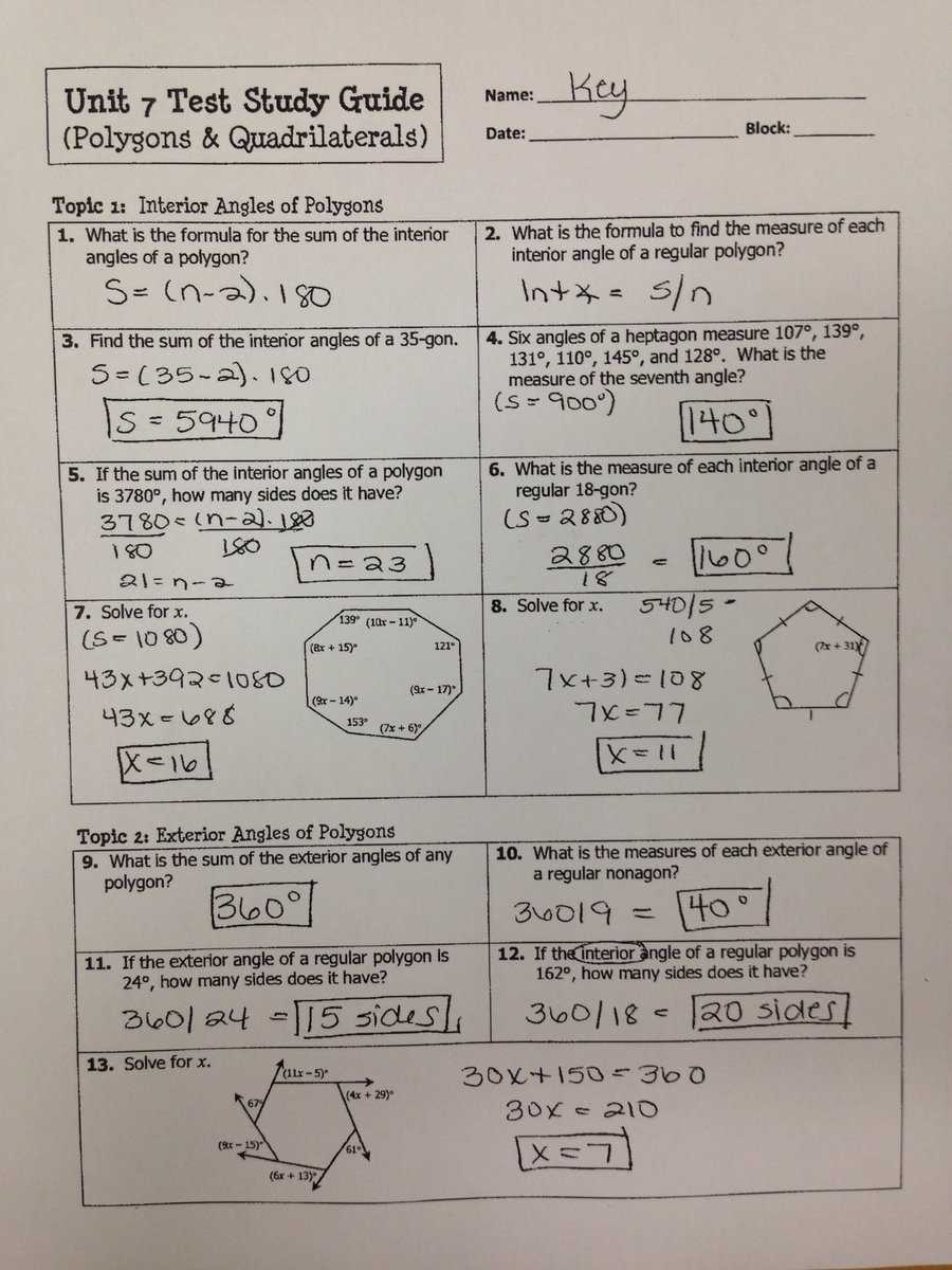 unit 7 polygons and quadrilaterals test answers
