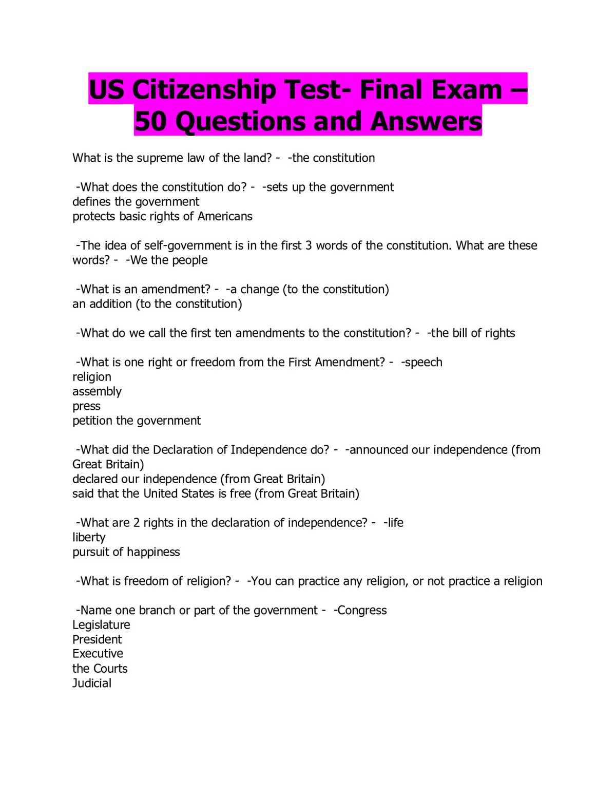 us citizens test questions and answers