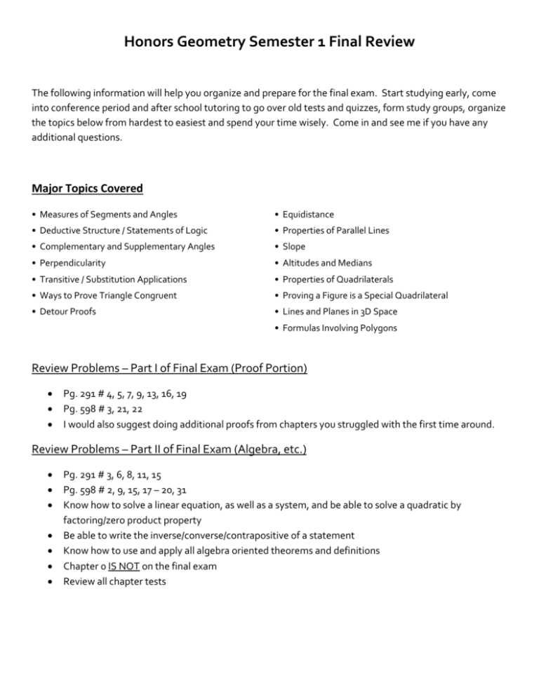 honors geometry final exam answers