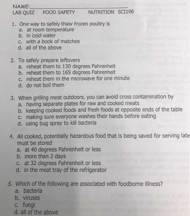 kitchen and food safety test answers