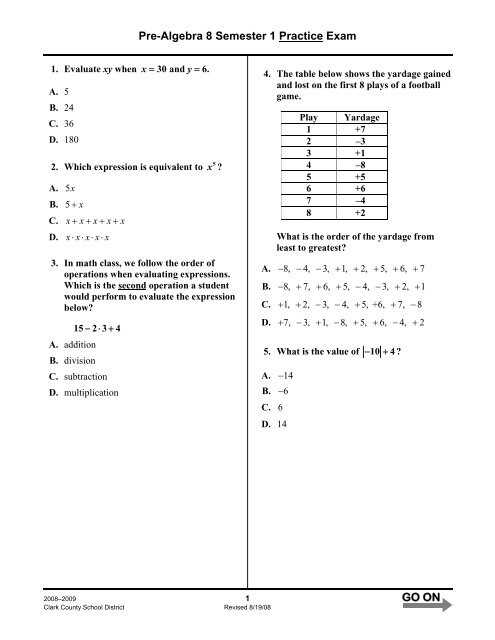 algebra 1 semester exam answer key