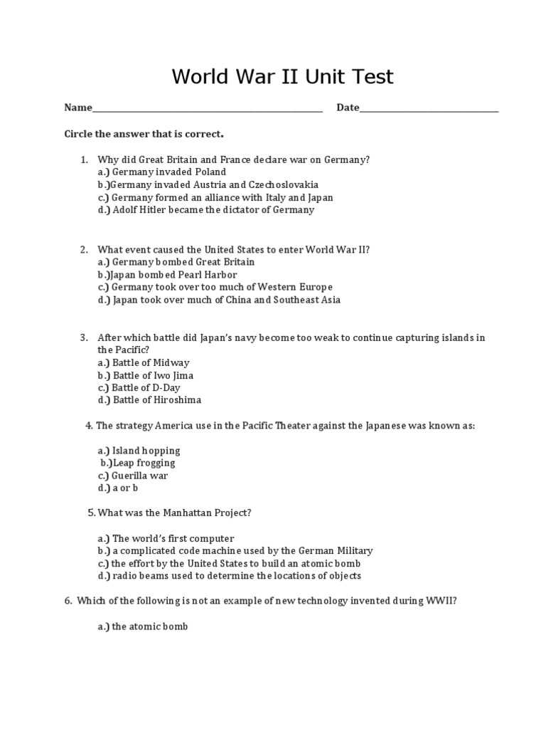 world war 2 test answers