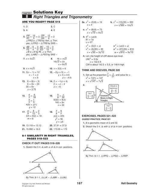 chapter 8 geometry test answers