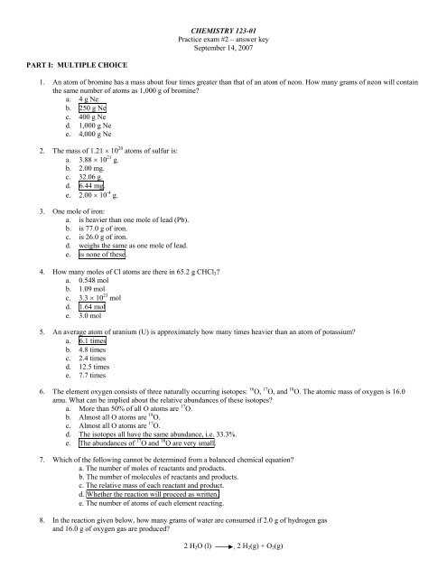chemistry test review answer key