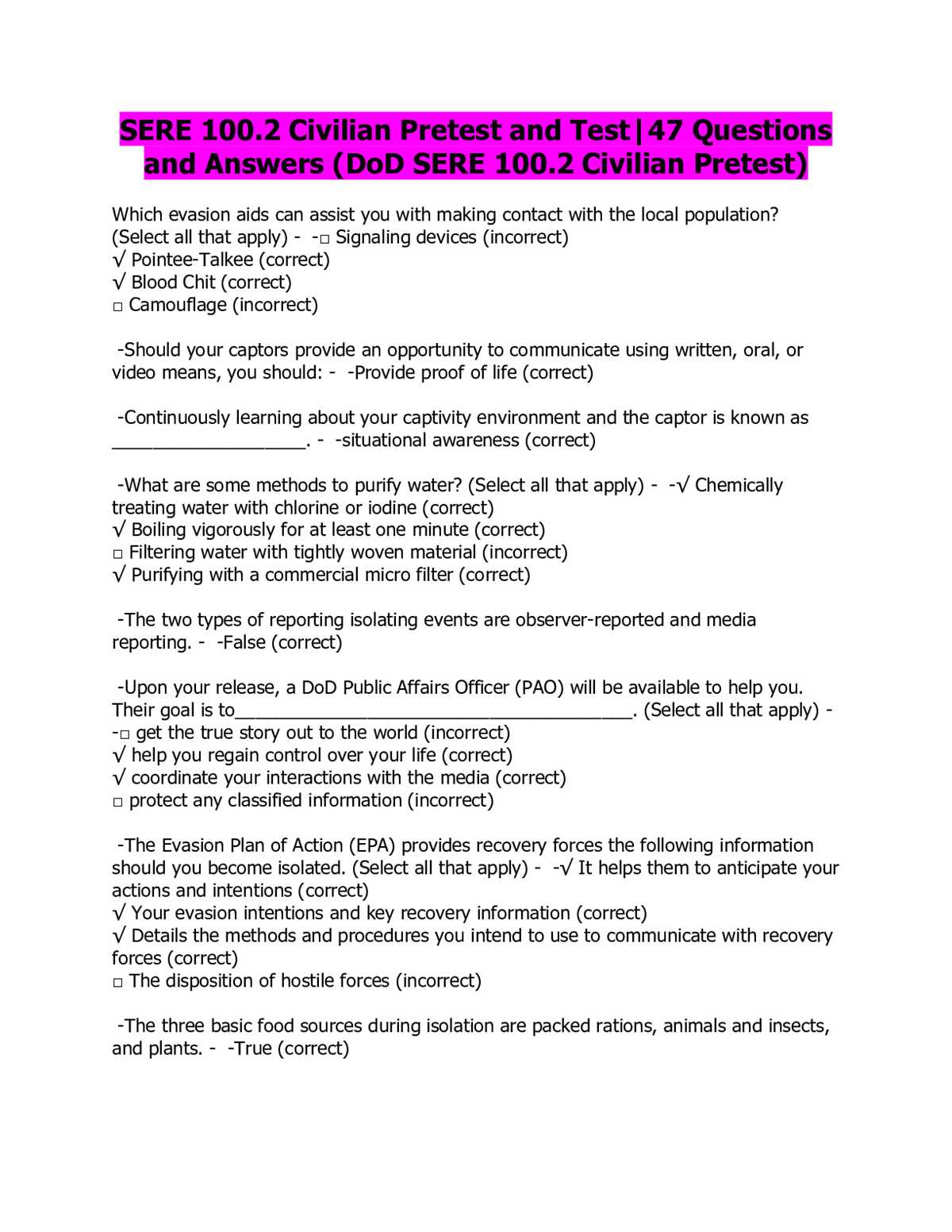 sere level a post test answers