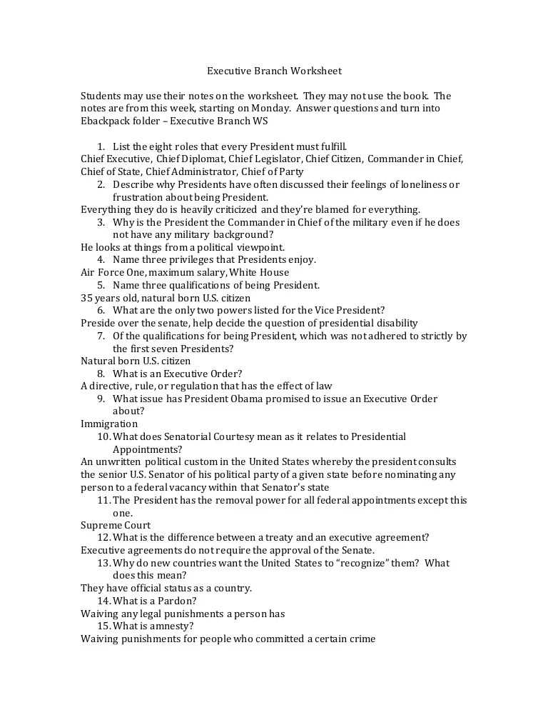 executive branch test questions and answers