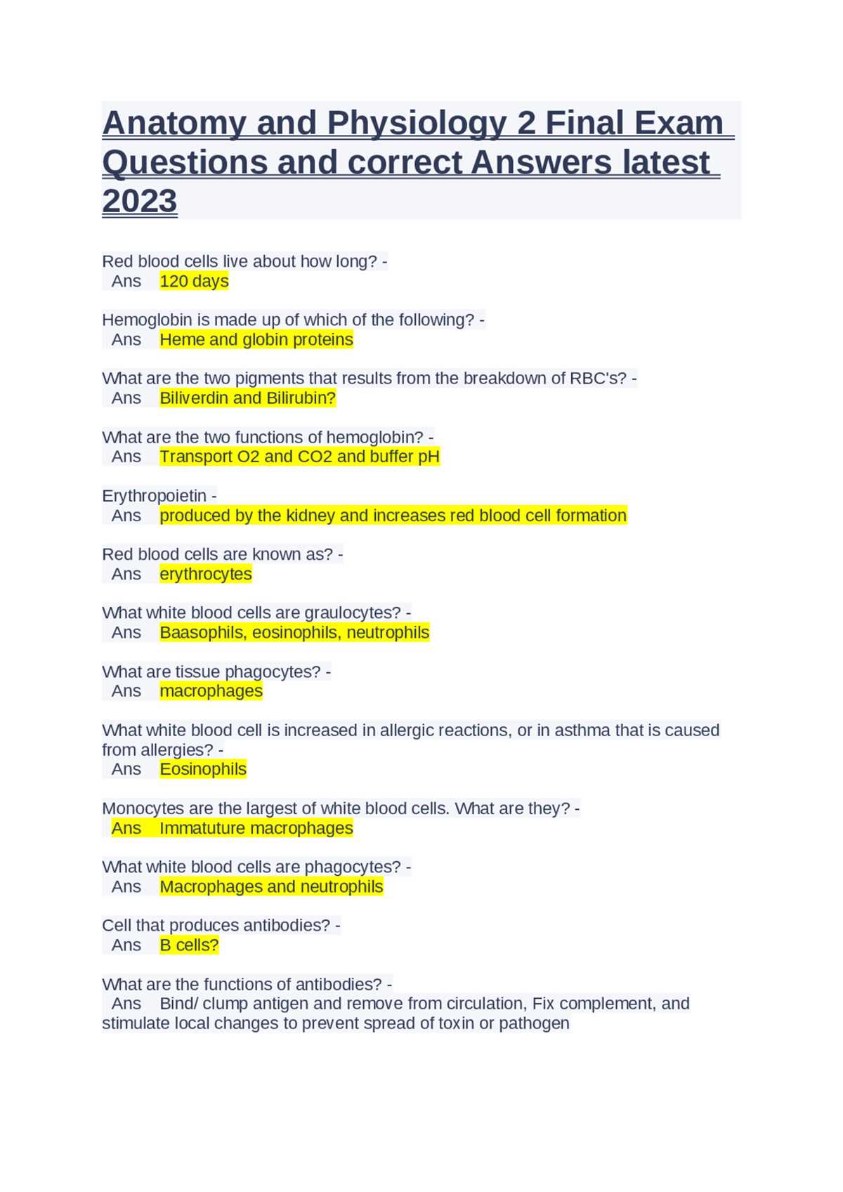 human anatomy and physiology final exam answer key