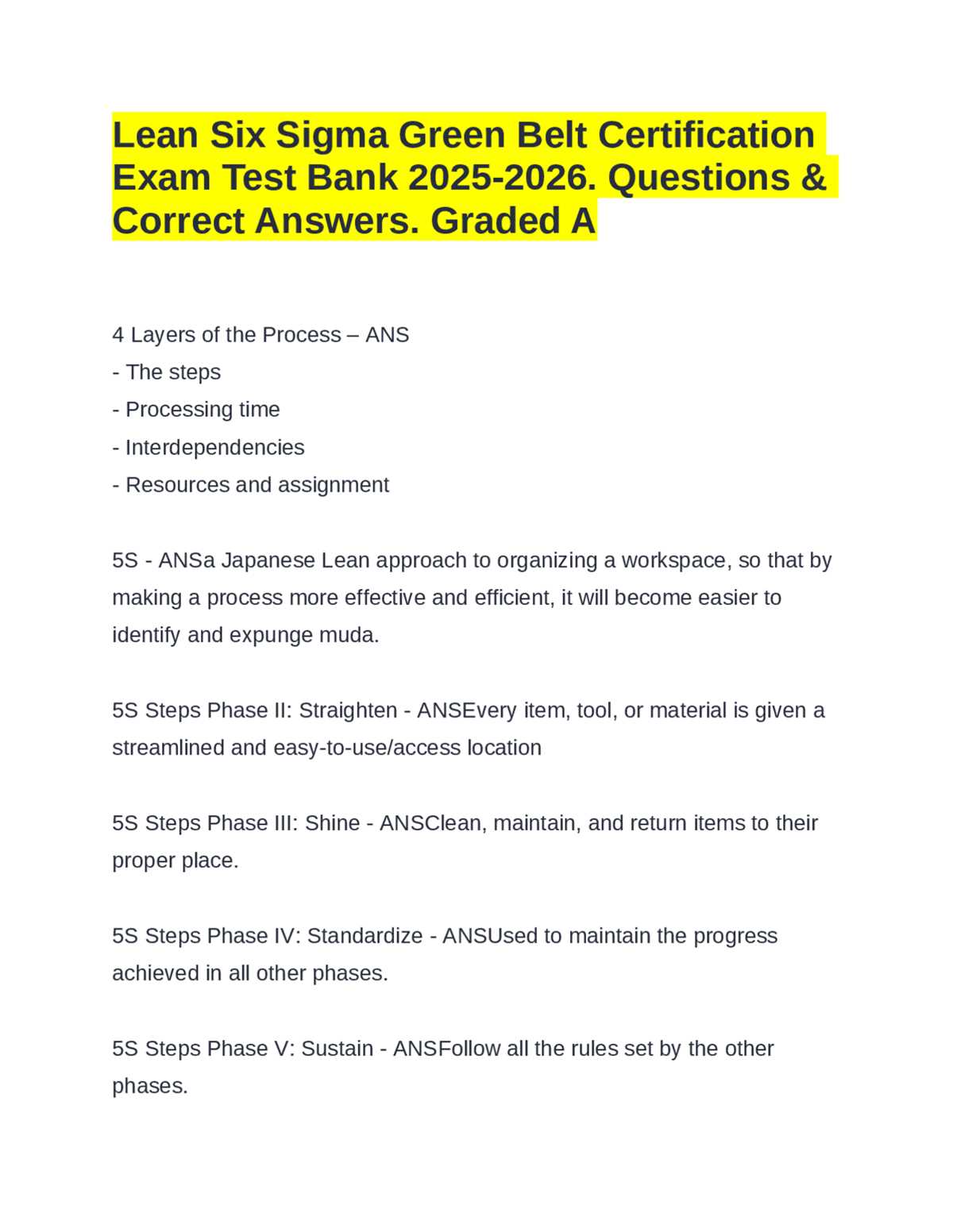six sigma green belt certification exam questions and answers
