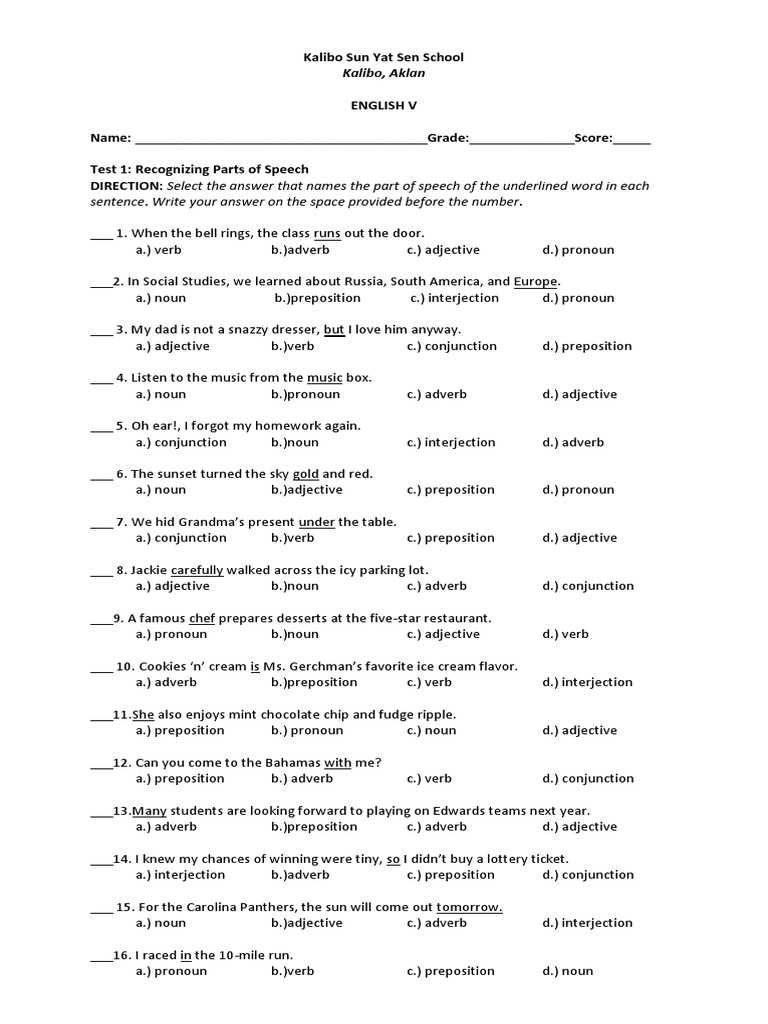 diagnostic test 1 parts of speech answer key