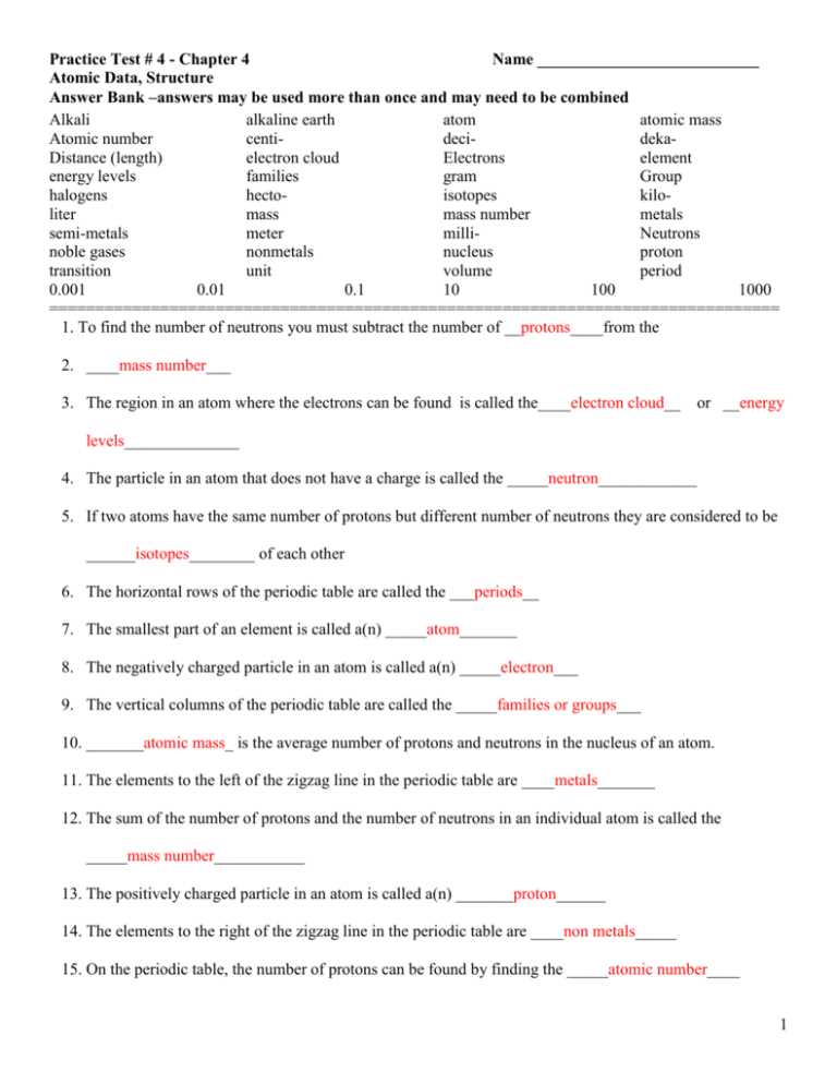 chapter test a the periodic table answers