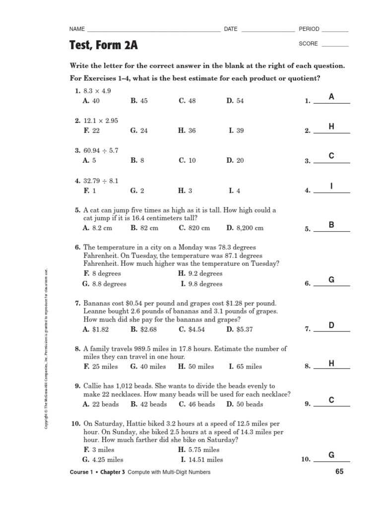 chapter 1 test form 2a answer key